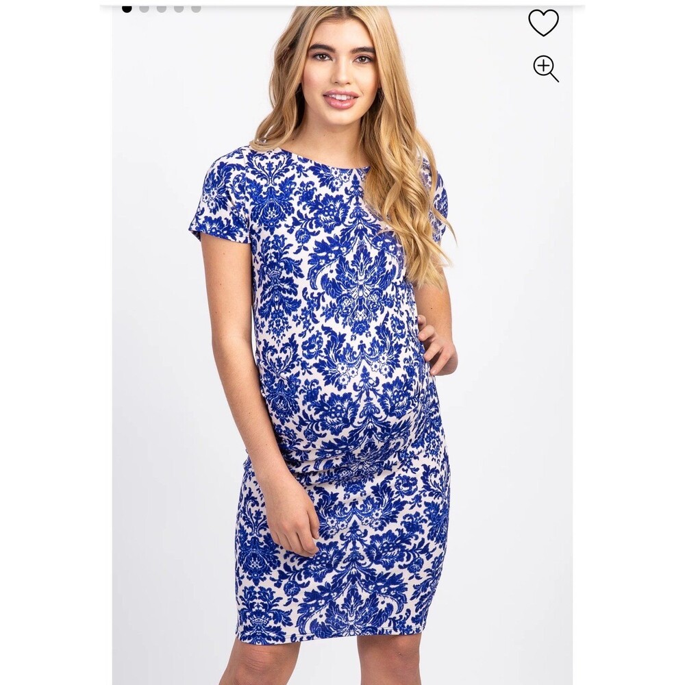 Pink Blush Maternity Blue Printed Short Fitted Dress Sz L